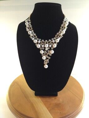 Avon Gold-Tone Pearl & Crystal Bib Necklace
